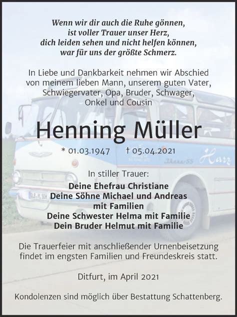 Traueranzeigen von Henning Müller abschied nehmen de