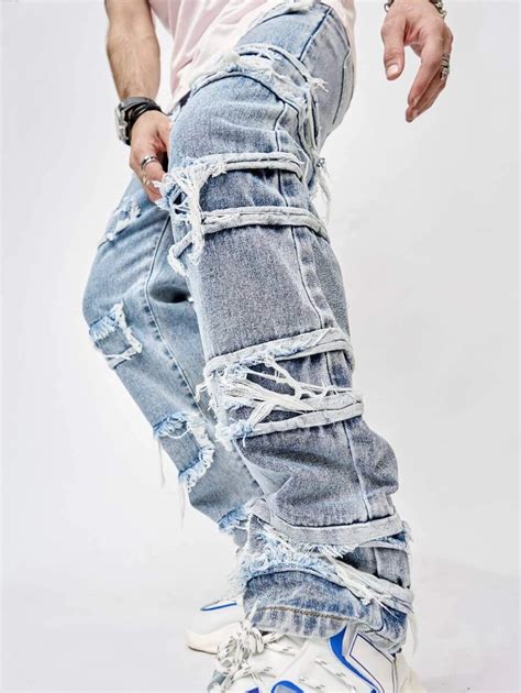 Manfinity Emrg Men Cotton Ripped Frayed Straight Leg Jeans Shein Usa