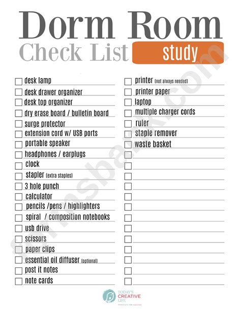 Printable Dorm Room Checklist