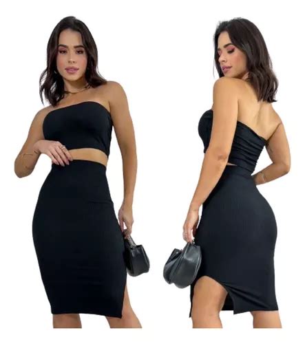 Conjunto Top Bojo Saia Midi C Fenda Lateral Canelado Gringa MercadoLivre