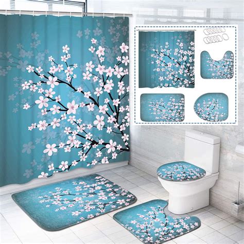 FRAMICS Blue Shower Curtain and Rug Sets, Japan Cherry Blossom Pattern ...