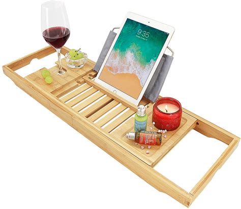 Natural Bamboo Bathtub Caddy Tray Adjustable Organizer For Bath