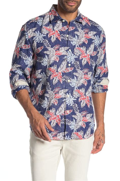 Tommy Bahama Linen Faded Palms Hawaiian Long Sleeve Shirt In Blue For