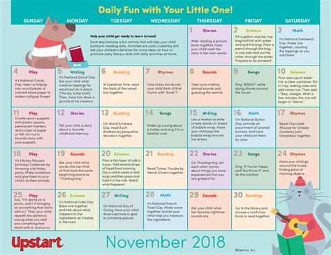 Early Literacy Activity Calendar November Books Celebrations And More