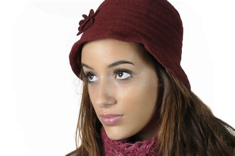 Woman With A Red Wool Cap Stock Image Image Of Brunette 22332893