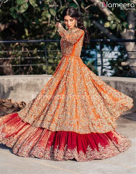 Traditional Pishwas Lehenga Orange Bridal Dress BS601 Pakistani