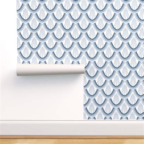 Peel And Stick Removable Wallpaper Navy Art Deco Scales Blue White Dots