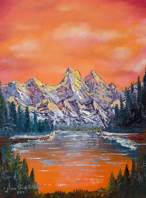 Mountains landscape at sunset - original oil painting Painting by Nino ...