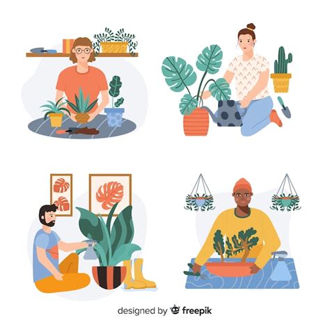 Free Vector Set Of People Taking Care Of Plants