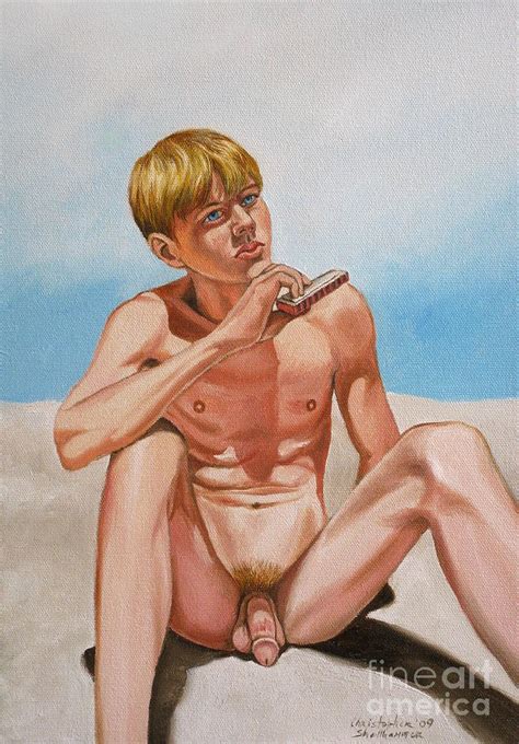 Naked Male Blonde With Harmonica Painting By Christopher Shellhammer