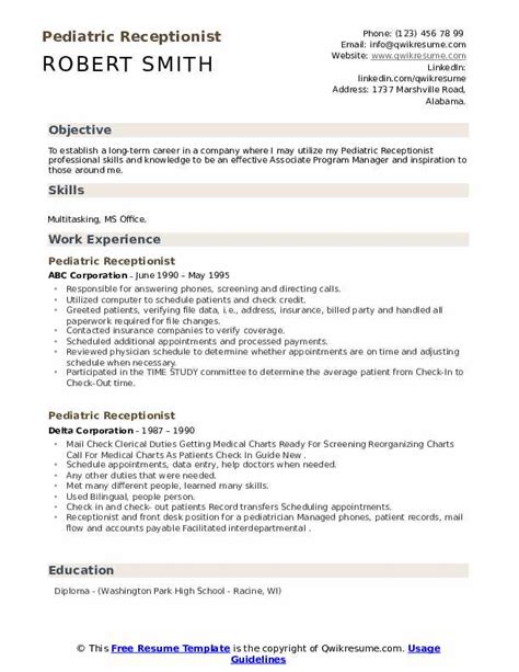 Pediatric Receptionist Resume Samples Qwikresume