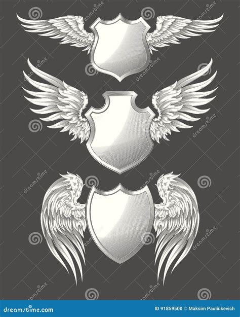 Set Of Vector Angelic Or Bird Wings With Heraldic Shields Stock Vector