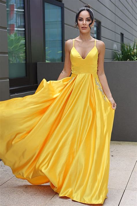 Simple V Neck Backless Yellow Satin Long Prom Dresses Yellow Long For