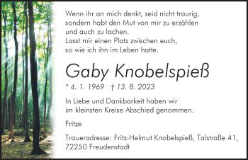 Traueranzeigen Von Gaby Knobelspie Schwarzw Lder Bote Trauer