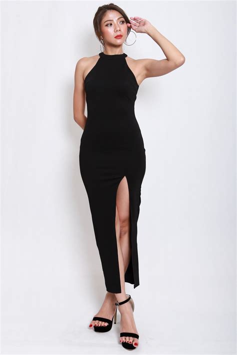 Open Back Slit Maxi Dress Black Shopperboard