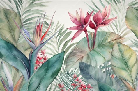 Premium AI Image | A painting of tropical plants and flowers.