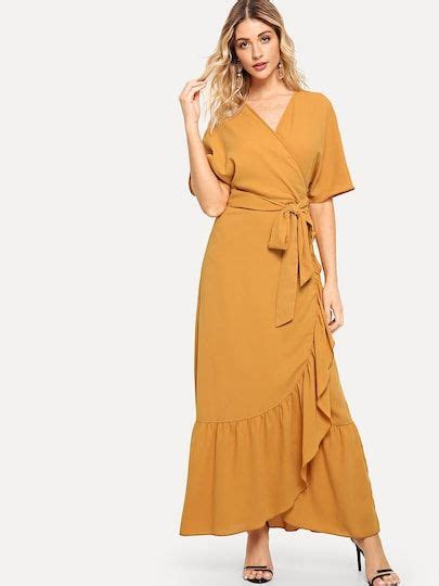 SHEIN Self Belted Ruffle Hem Surplice Wrap Dress Wrap Dress Surplice