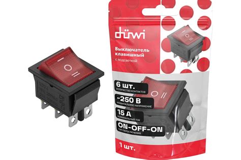 Клавишный выключатель duwi красный с подсветкой 6 контактов, 250В, 16А ...