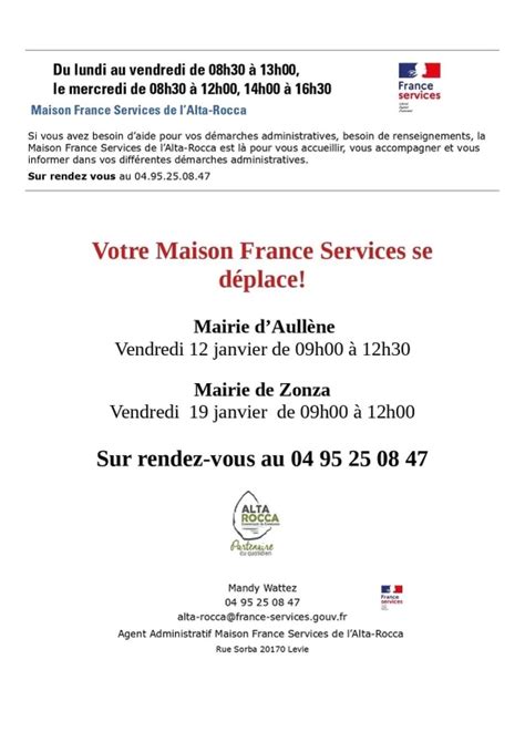 Permanences France Services à Levie Janvier Mairie de Levie