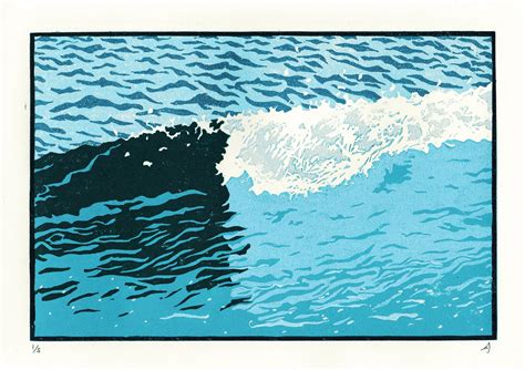 Wave Lino Print Seascape Art Blue A4 Handmade Art Coastal Landscape