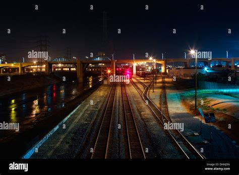 Bridge and rail track at night, Los Angeles, California, USA Stock ...