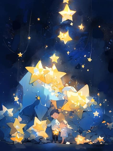 Premium AI Image | A painting of a boy and a moon with stars on it