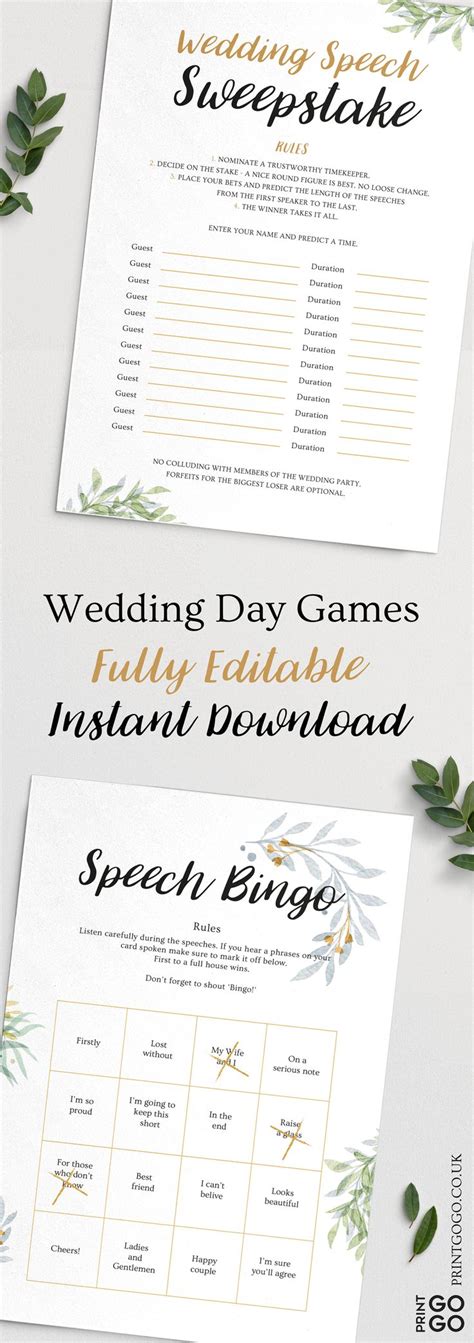 Editable Wedding Speech Bingo Game Customisable Wedding Game