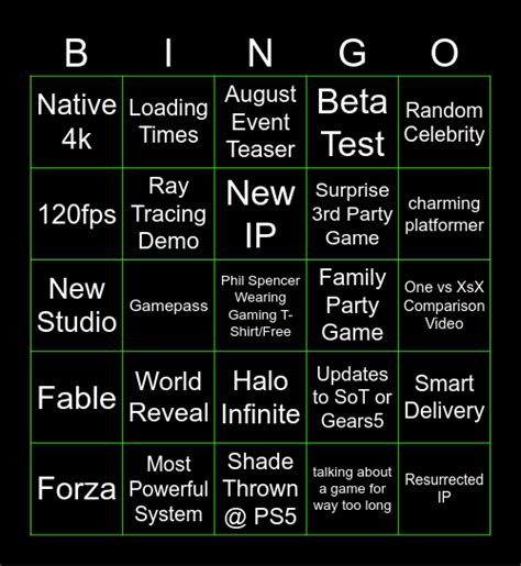 Xbox Game Studios Showcase Bingo Card