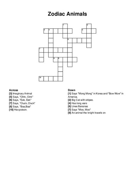 Zodiac Animals Crossword Puzzle