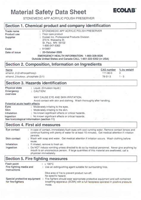 Pdf Material Safety Data Sheet Ecolab · Material Safety Data Sheet Stonemedic App Acrylic