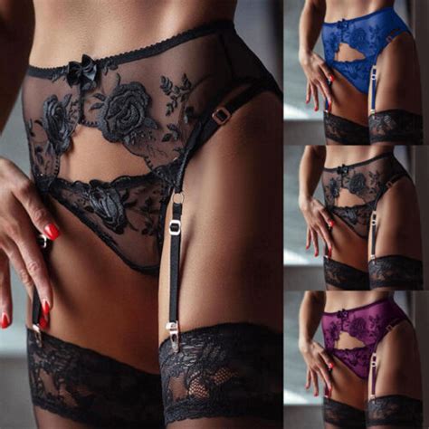 Women Sexy Lace G String Thong Stockings Sets Lingerie Garter Belt