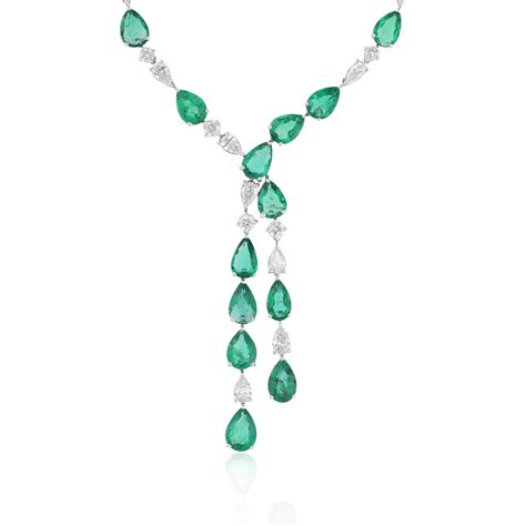 Natural Zambian Pear Emerald Si H Diamond Lariat Necklace Karat