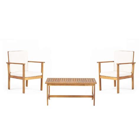 Zeus Ruta Brown 3 Piece Acacia Wood Patio Conversation Set With White