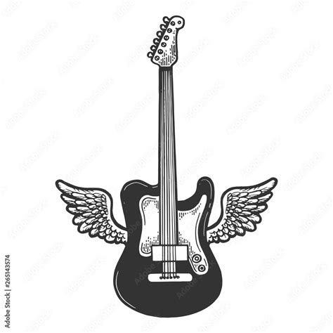 Flying Electric Guitar With Wings Sketch Engraving Vector Illustration Scratch Board Style