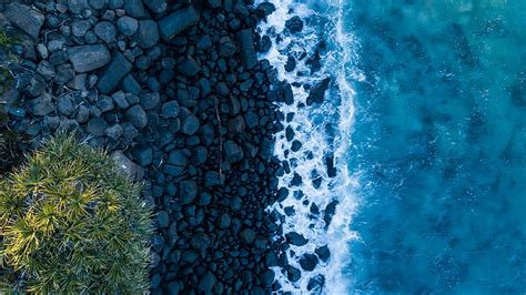 HD wallpaper: blue sea, landscape, aerial view, water, coast, rocks ...