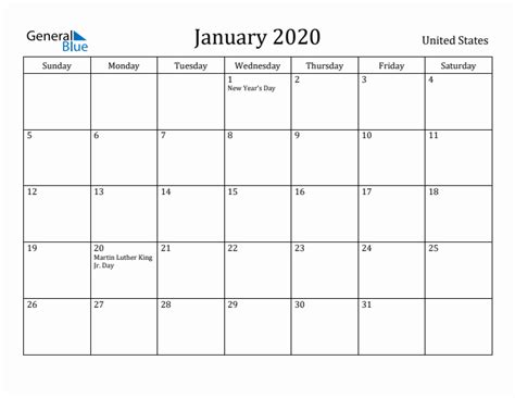 January Monthly Calendar With United States Holidays