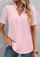 Rotita Patchwork Light Pink Split Neck Short Sleeve Blouse Rotita