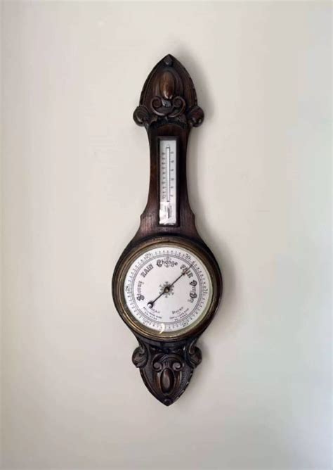 Quality Antique Edwardian Carved Oak Aneroid Barometer In Antique