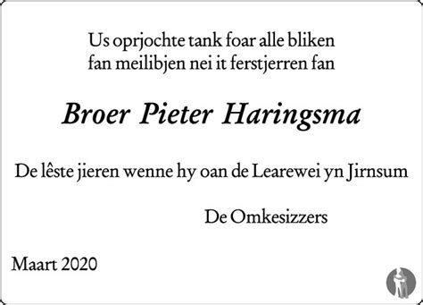 Broer Pieter Haringsma Overlijdensbericht En Condoleances