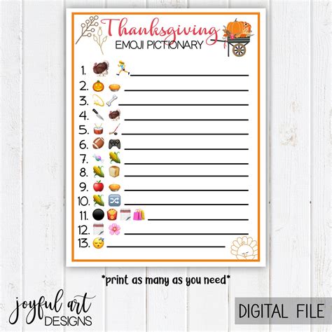 Printable Thanksgiving Emoji Pictionary Game Thanksgiving Etsy New