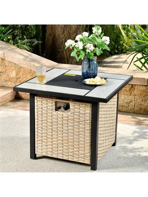 Ovios Outdoor Beige Wicker Patio Aluminum Propane Fire Pit Table