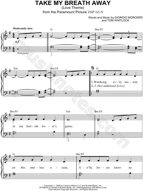 Berlin Take My Breath Away Sheet Music Easy Piano In G Major