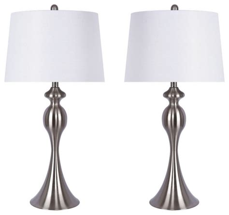 29 75 Brushed Nickel Table Lamps With White Linen Shades Set Of 2 Traditional Lamp Sets