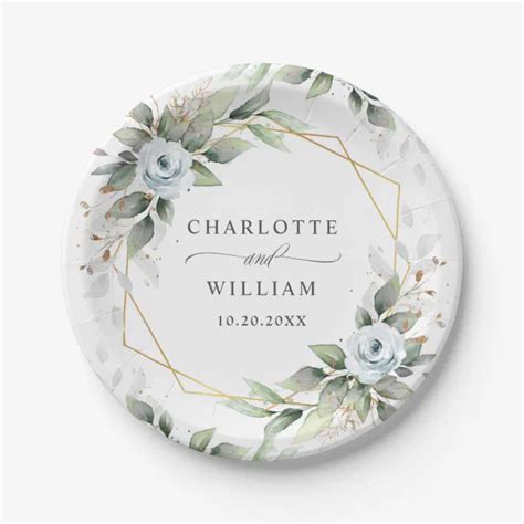 Elegant Dusty Blue Floral Greenery Wedding Paper Plates Zazzle