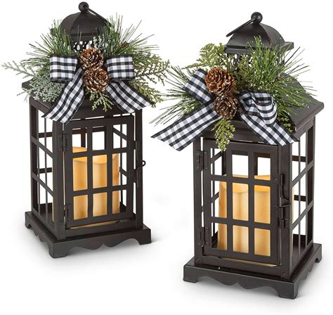 Set of 2 Battery Operated Lighted Black Metal Holiday Lanterns with ...