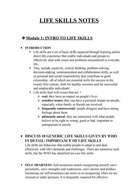 Life Skills Notes Life Skills Notes Module Intro To Life Skills