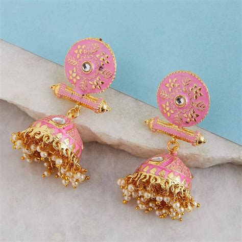 Buy Zerokaata Gold Toned Pink Meenakari Brass Jhumkas Online