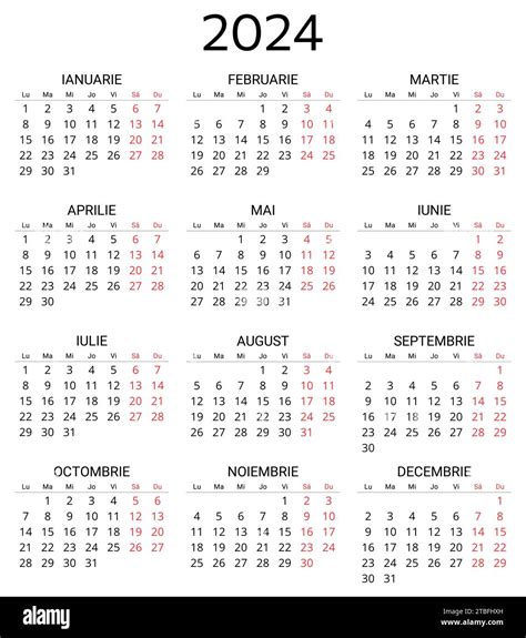 2024 Romanian Calendar Printable Editable Vector Illustration For