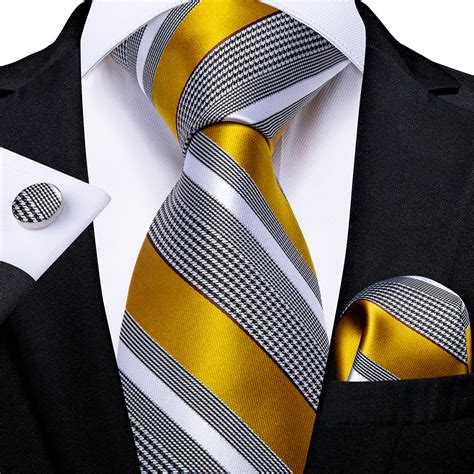 New Black White Yellow Stripe Tie Pocket Square Cufflinks Set – DiBanGuStore