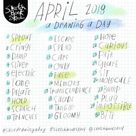 A Drawing A Day April 2018 Drawing Word Prompt List Sketchbook Skool